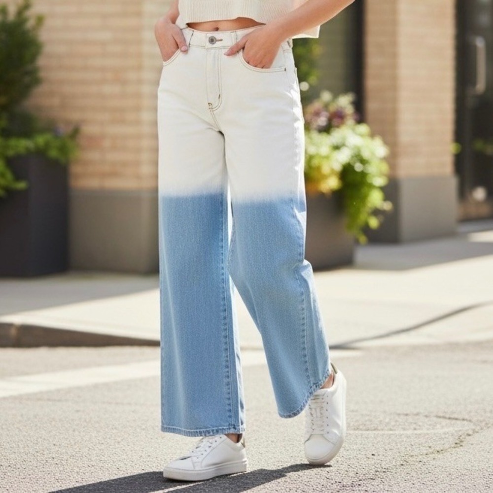 Pretty Little Thing Women's Wide Leg Denim Jeans Size 8 Blue White Dye Ombre NWT